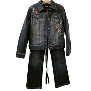 Vtg Floral Embroidered Harley Davidson 3 Piece Denim Set Jacket Pants Corset S/2